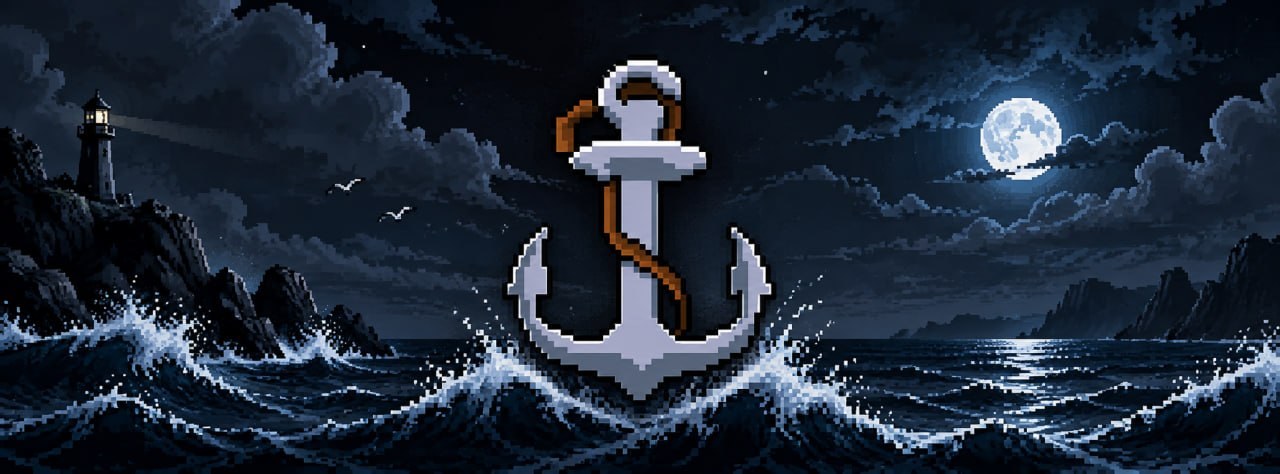 Moonlit sea with an anchor standing in the surf, a lighthouse on the cliffs behind.