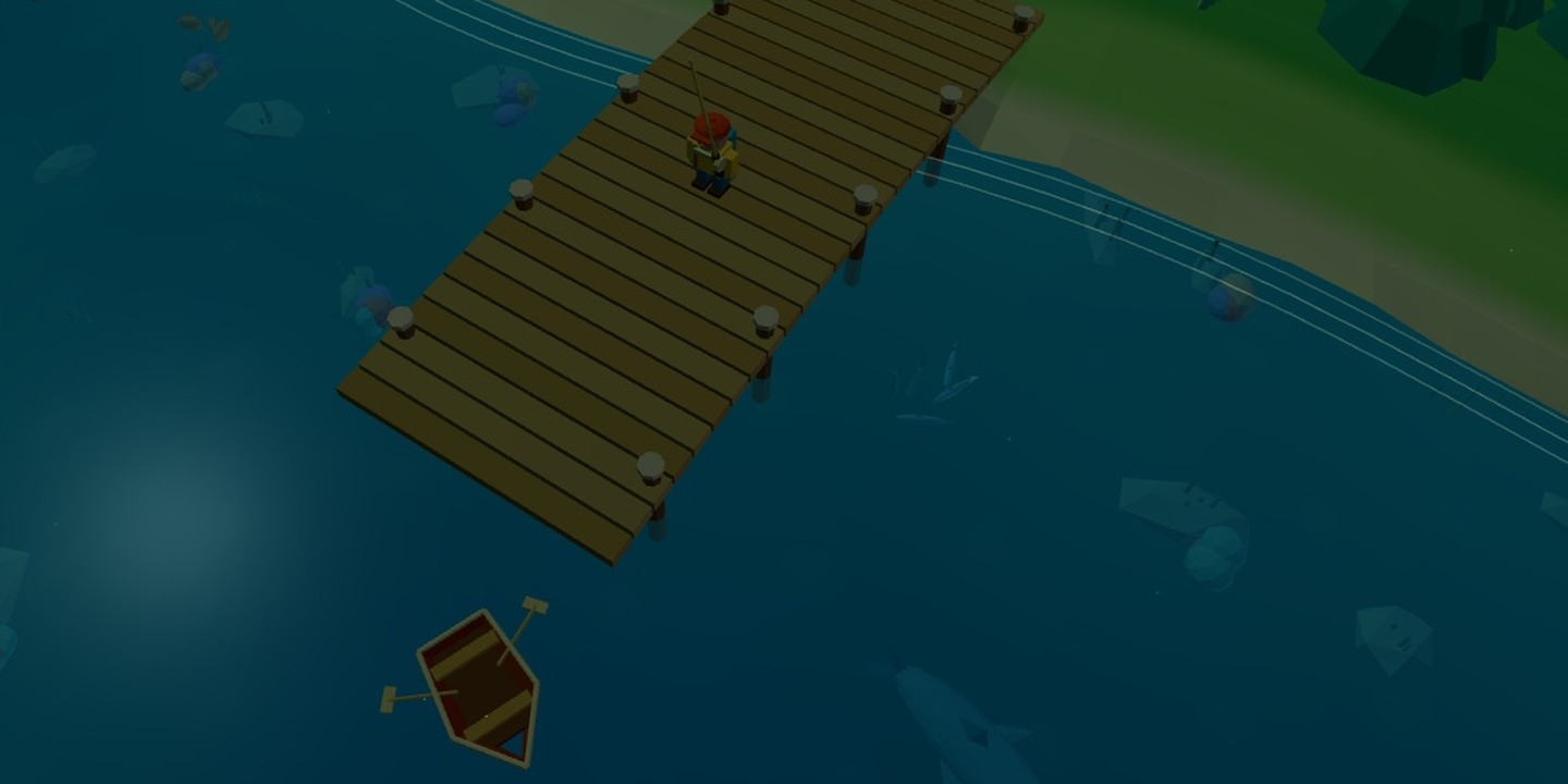 Daydream Island: an explorer standing on the wooden pier with a rod out, turquoise water below and the sandy shore behind.